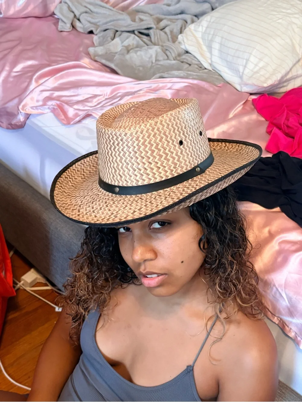 Straw Rancher Hat with Black Trim - Natural